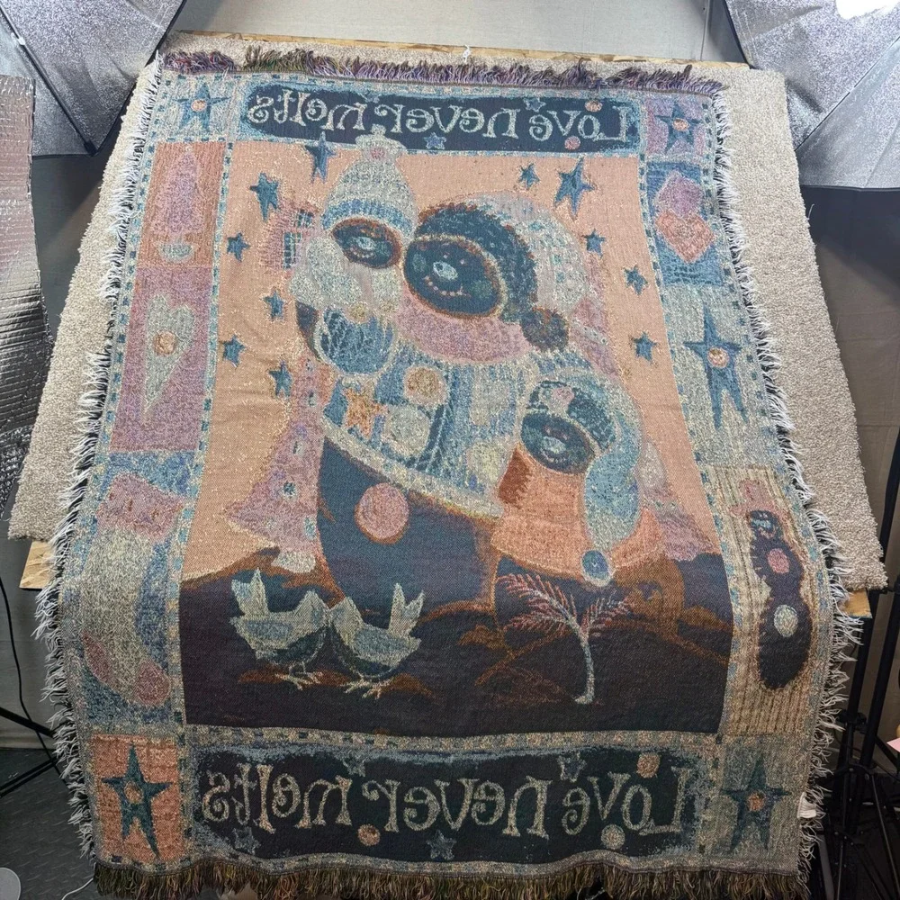 Love Never Melts Snowman Woven Tapestry Throw Blanket Fringe Winter 60x44 VTG